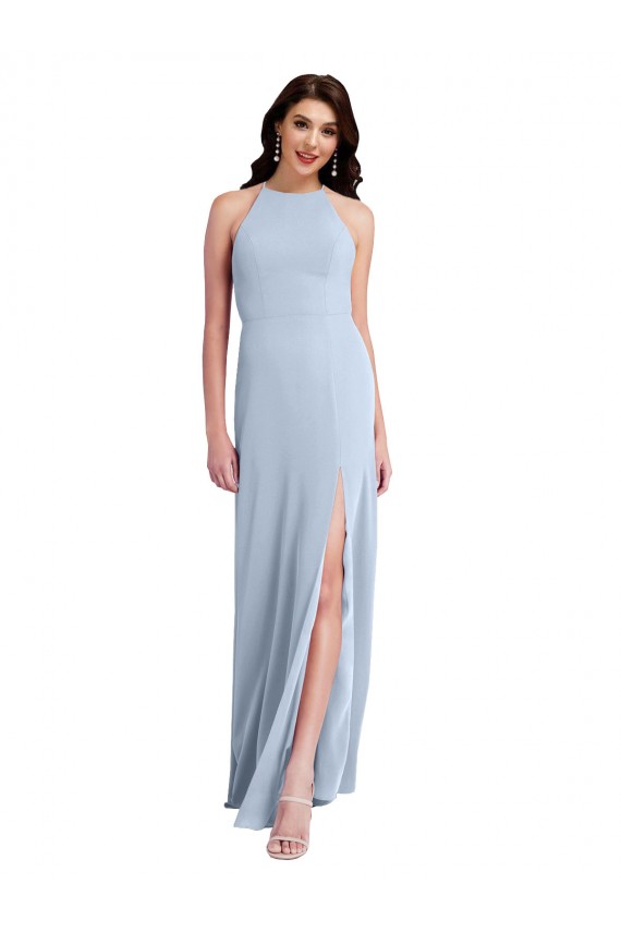Buy High Neck Long Stretch Crepe Light Sky Blue Sheath Sleeveless Formal Evening Dress UK