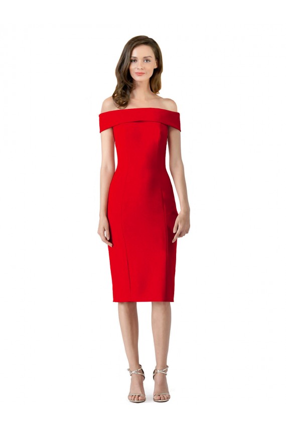 Buy Off the Shoulder Cocktail Length Stretch Crepe Red Sleeveless Formal Evening Dress UK