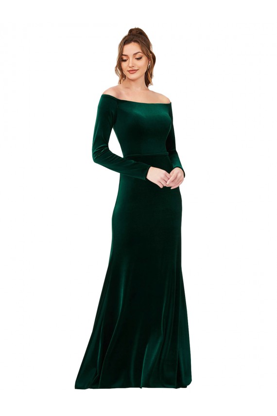 Buy Off the Shoulder Long Stretch Velvet Dark Green Long Sleeves Formal Evening Dress UK
