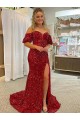 Buy Off the Shoulder Court Train Velvet Sequin Red Short Sleeves Evening Dress UK