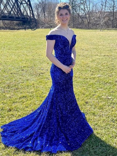 Buy Off the Shoulder Sweep Train Velvet Sequin Royal Blue Sleeveless Evening Dress UK