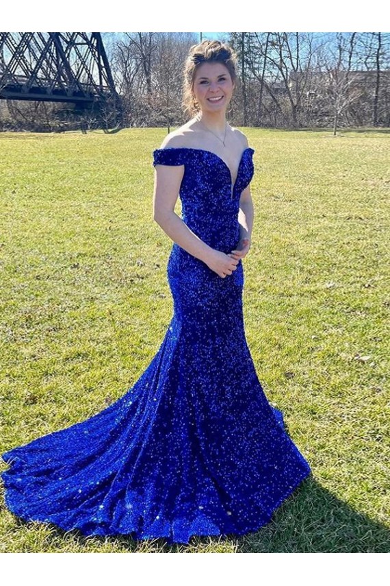 Buy Off the Shoulder Sweep Train Velvet Sequin Royal Blue Sleeveless Evening Dress UK