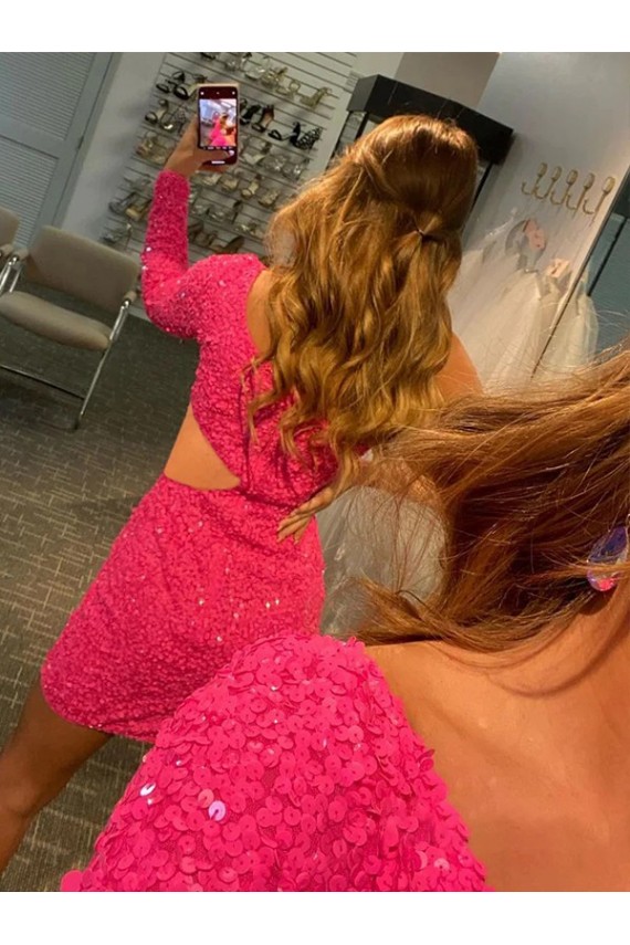 Buy One Shoulder Short Velvet Sequin Long Sleeves Evening Dress UK