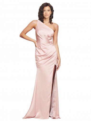 Buy One Shoulder Long Silky Satin Pink Sleeveless Formal Evening Dress UK