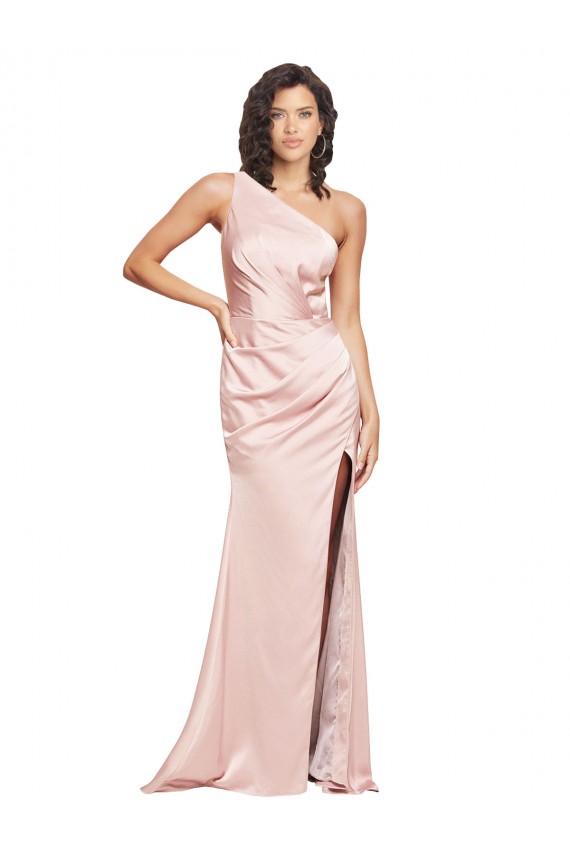 Buy One Shoulder Long Silky Satin Pink Sleeveless Formal Evening Dress UK