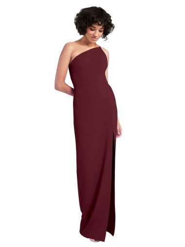 Buy One Shoulder Long Stretch Crepe Burgundy Gold Sleeveless Formal Evening Dress UK