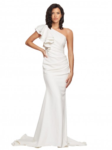 Buy One Shoulder Sweep Train Stretch Crepe Ivory Sleeveless Semi Formal Evening Dress UK