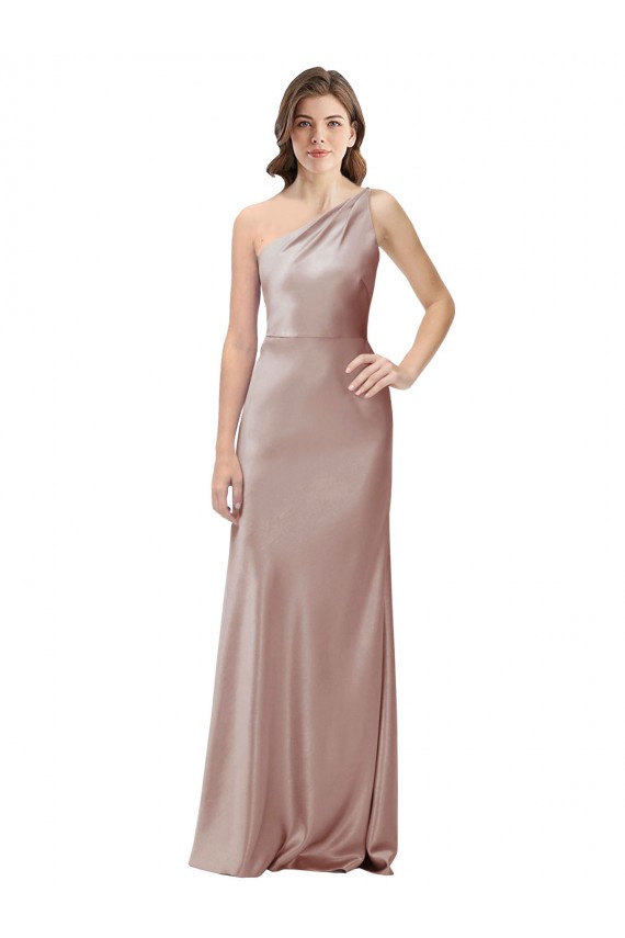 Buy One Shoulder Long Stretch Satin Dusty Pink Sleeveless Formal Evening Dress UK