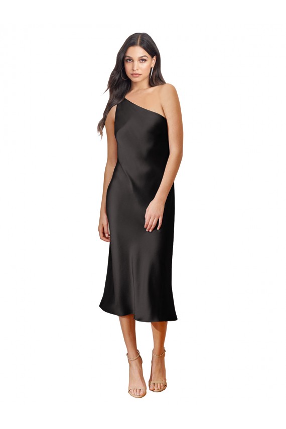 Buy One Shoulder Midi Length Stretch Satin Black Sleeveless Black Tie Evening Dress UK