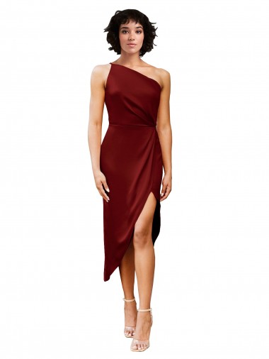 Buy One Shoulder Midi Length Stretch Satin Burgundy Sleeveless Black Tie Evening Dress UK