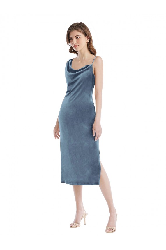 Buy One Shoulder Long Stretch Velvet Dusty Blue Sleeveless Semi Formal Evening Dress UK