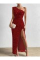 Buy One Shoulder Long Velvet Sequin Red Sleeveless Evening Dress UK
