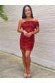 Buy One Shoulder Short Velvet Sequin Burgundy Sleeveless Evening Dress UK