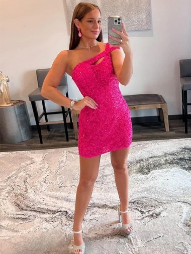 Buy One Shoulder Short Velvet Sequin Fuchsia Sleeveless Evening Dresses UK