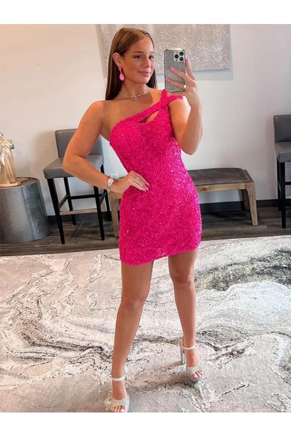 Buy One Shoulder Short Velvet Sequin Fuchsia Sleeveless Evening Dresses UK