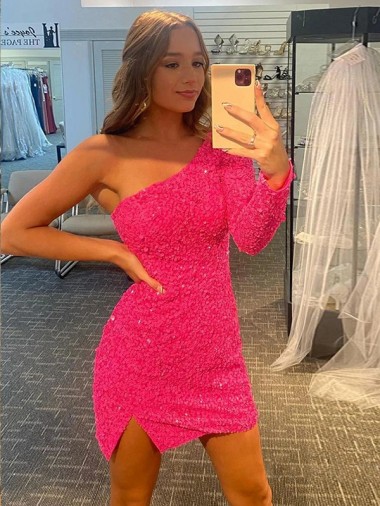 Buy One Shoulder Short Velvet Sequin Long Sleeves Evening Gown UK