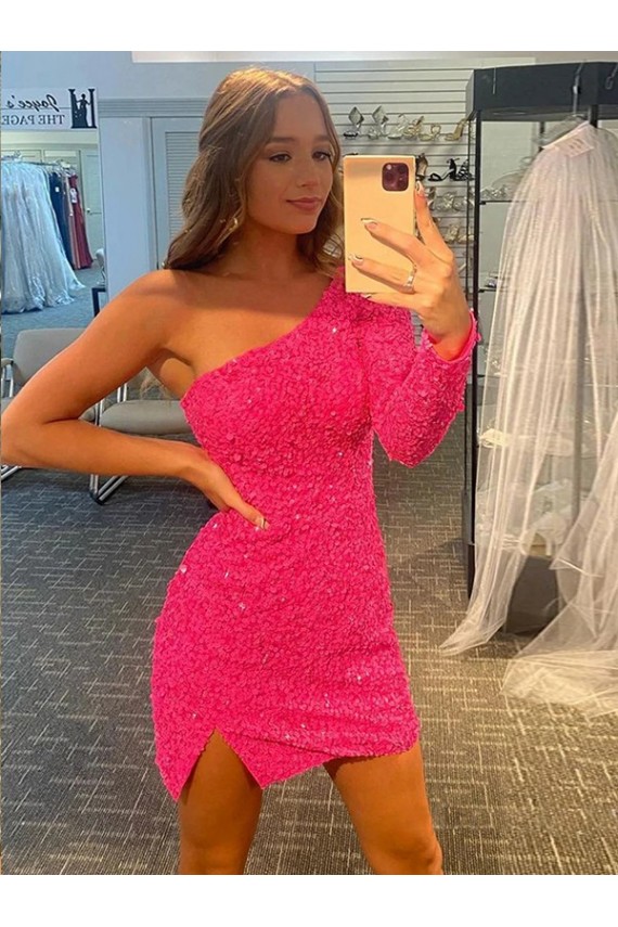 Buy One Shoulder Short Velvet Sequin Long Sleeves Evening Gown UK