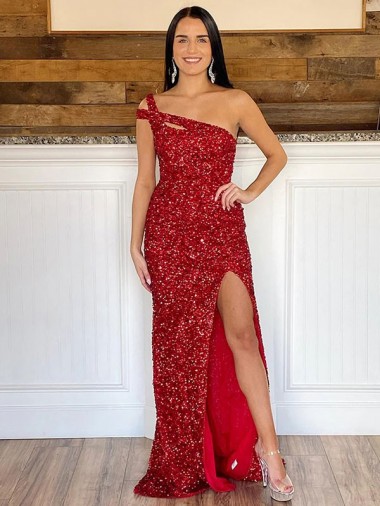 Buy One Shoulder Sweep Train Velvet Sequin Burgundy Sleeveless Evening Dress UK