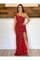 Buy One Shoulder Sweep Train Velvet Sequin Burgundy Sleeveless Evening Dress UK