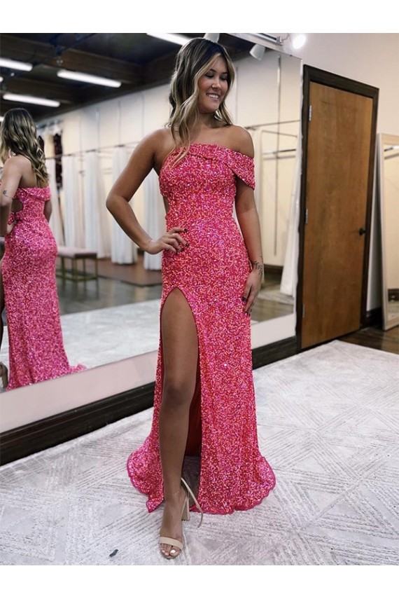 Buy One Shoulder Sweep Train Velvet Sequin Fuchsia Sleeveless Evening Gown UK
