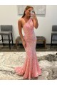 Buy One Shoulder Sweep Train Velvet Sequin Pink Sleeveless Evening Dress UK