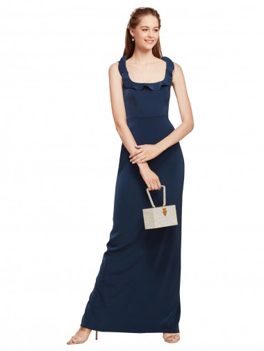 Buy Scoop Neck Long Stretch Crepe Dark Navy Sleeveless Formal Evening Dress UK