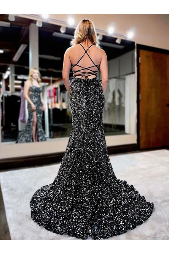 Buy Spaghetti Straps Sweep Train Velvet Sequin Sleeveless Evening Dress UK