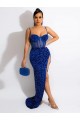 Buy Spaghetti Straps Sweep Train Velvet Sequin Royal Blue Sleeveless Evening Dress UK