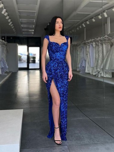 Buy Spaghetti Straps Sweep Train Velvet Sequin Royal Blue Sheath Sleeveless Evening Dress UK