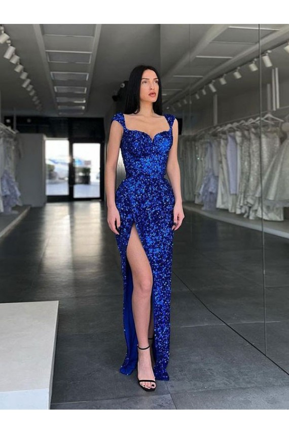 Buy Spaghetti Straps Sweep Train Velvet Sequin Royal Blue Sheath Sleeveless Evening Dress UK
