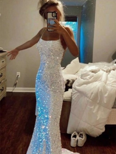 Buy Spaghetti Straps Sweep Train Velvet Sequin Sleeveless Evening Gown UK