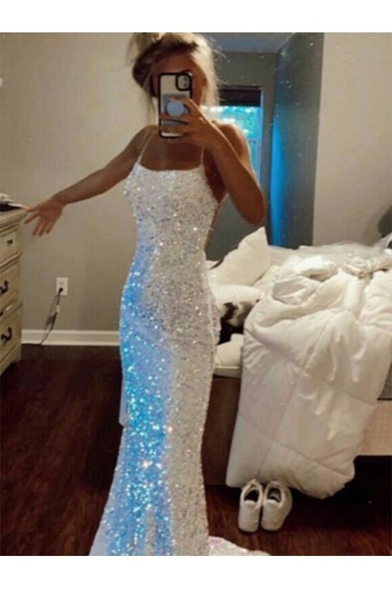 Buy Spaghetti Straps Sweep Train Velvet Sequin Sleeveless Evening Gown UK