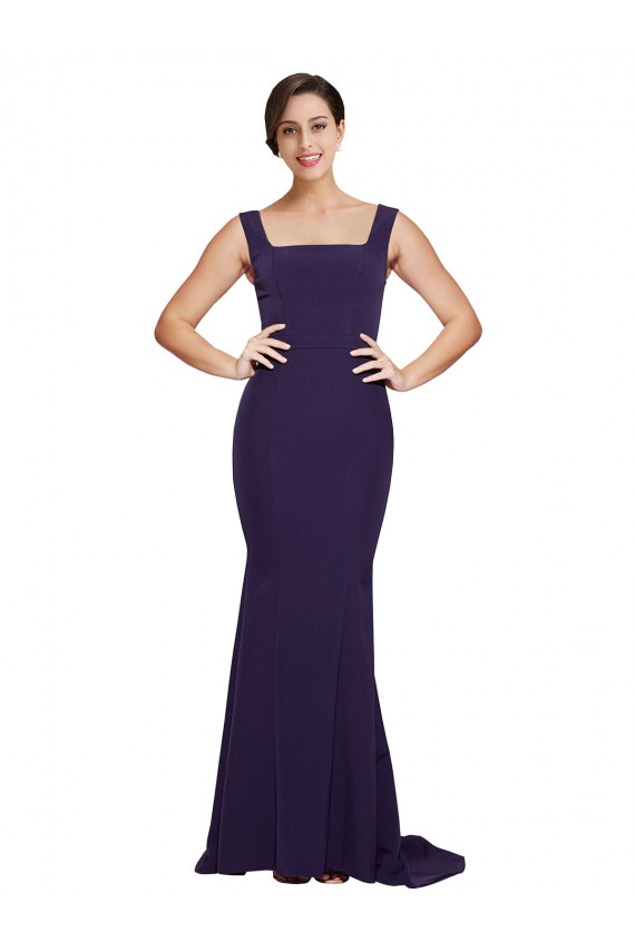 Buy Square Neck Sweep Train Stretch Crepe Dark Navy Sleeveless Semi Formal Evening Dress UK