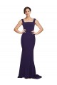 Buy Square Neck Sweep Train Stretch Crepe Dark Navy Sleeveless Semi Formal Evening Dress UK