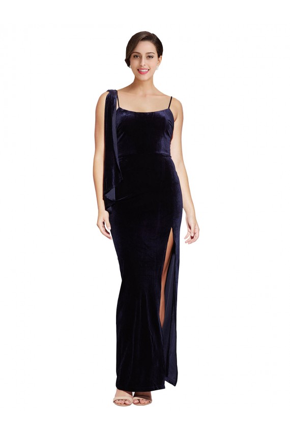 Buy Square Neck Long Stretch Velvet Dark Navy Sleeveless Formal Evening Dress UK