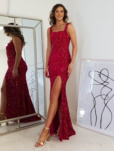 Buy Square Neck Long Velvet Sequin Burgundy Sleeveless Evening Dress UK