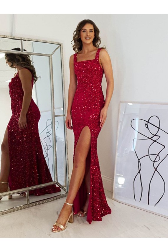 Buy Square Neck Long Velvet Sequin Burgundy Sleeveless Evening Dress UK