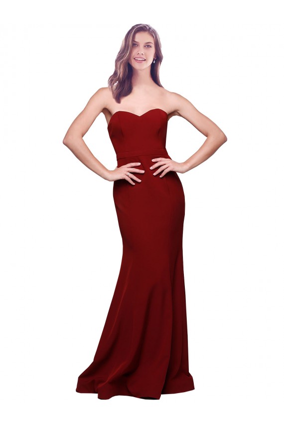 Buy Strapless Long Stretch Crepe Burgundy Sleeveless Formal Evening Dress UK