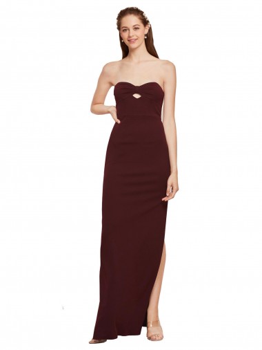 Buy Strapless Long Stretch Crepe Burgundy Gold Sleeveless Formal Evening Dress UK