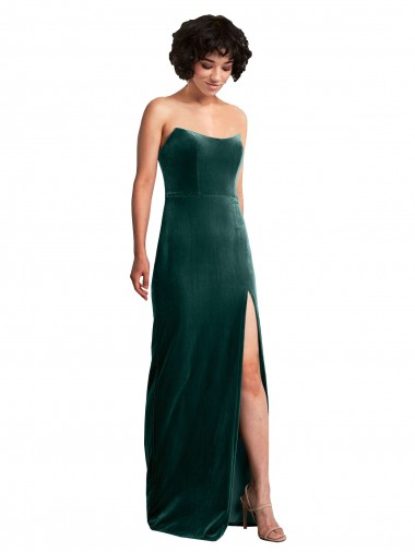 Buy Strapless Long Stretch Velvet Dark Green Sleeveless Black Tie Evening Dress UK