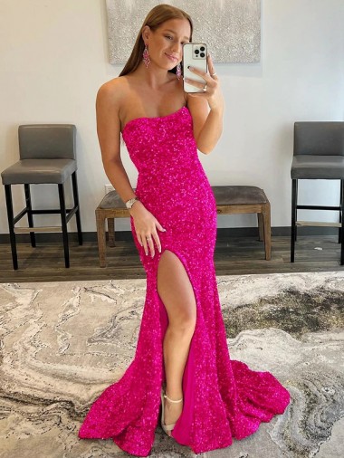 Buy Strapless Sweep Train Velvet Sequin Fuchsia Sleeveless Evening Dress UK