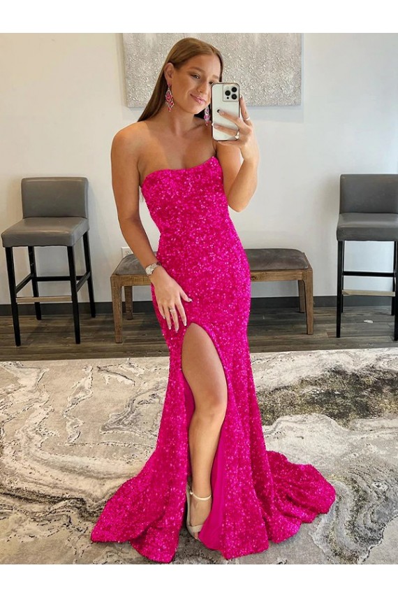 Buy Strapless Sweep Train Velvet Sequin Fuchsia Sleeveless Evening Dress UK