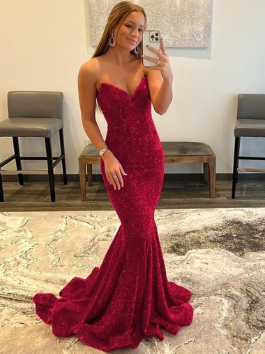 Buy Sweetheart Sweep Train Velvet Sequin Burgundy Sleeveless Evening Dress UK