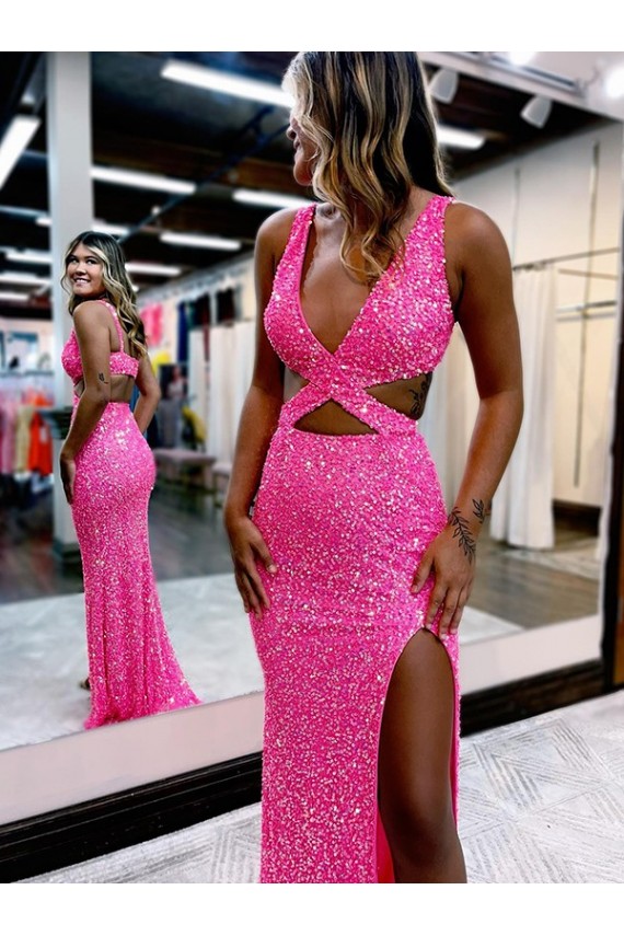 Buy V-Neck Long Sweep Train Velvet Sequin Sleeveless Evening Dress UK