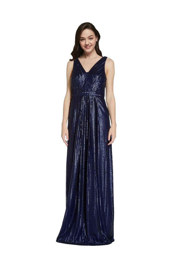 Buy V-Neck Long Sequin Dark Navy Sheath Sleeveless Formal Evening Dress UK