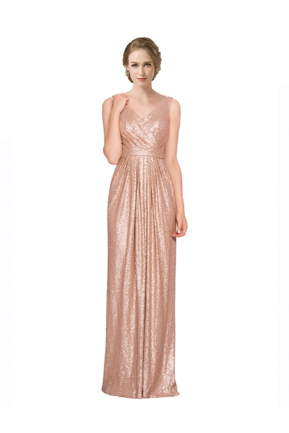 Buy V-Neck Long Sequin Rose Gold Sleeveless Evening Dress UK