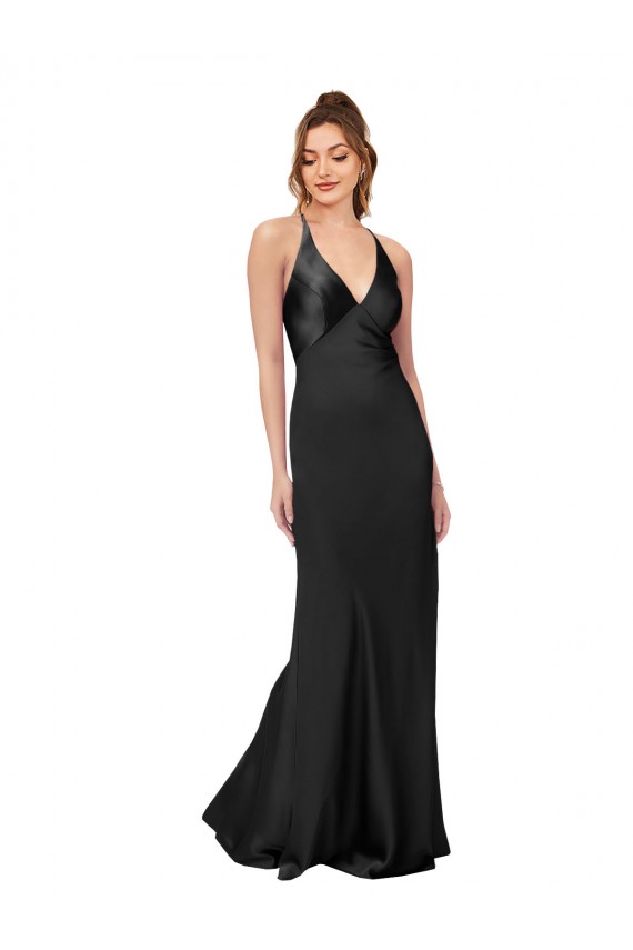 Buy V-Neck Long Silky Satin Black Sleeveless Black Tie Evening Dress UK