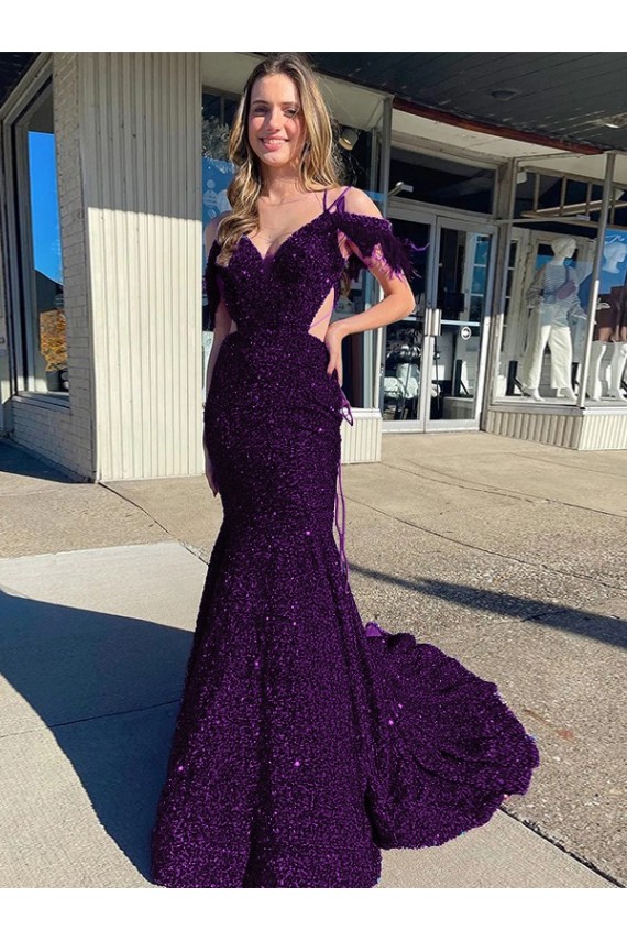 Buy V-Neck Court Train Velvet Sequin Plum Purple Sleeveless Evening Dress UK