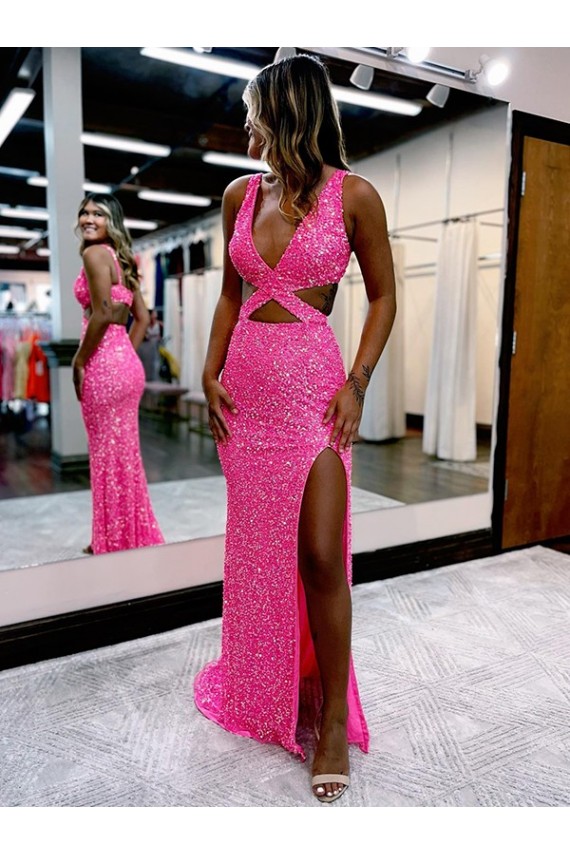 Buy V-Neck Long Sweep Train Velvet Sequin Sleeveless Evening Dress UK