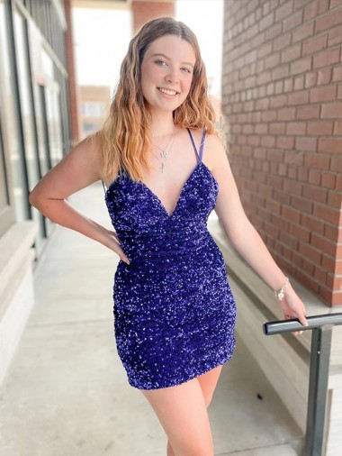 Buy V-Neck Short Velvet Sequin Sleeveless Cocktail Evening Gown UK